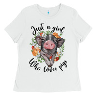 White just a girl who loves pigs floral wreath Ladies Tee - BarkalooDesign