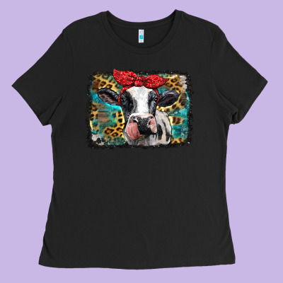 Holstein Cow With Glitter And Leopard Background Ladies Tee Designed By Barkaloodesign