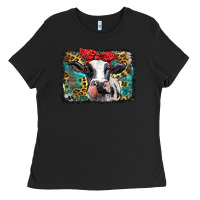 Black holstein cow with glitter and leopard background Ladies Tee - BarkalooDesign