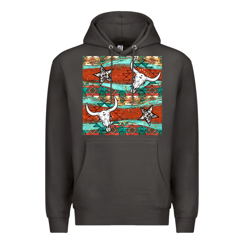 Western Aztec Bull Skull Stars Seamless Pattern Premium Hoodie by BundleAndBundleShop | Teevron