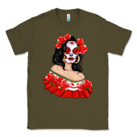 Army Green Mexicana Skull Girl with Roses Classic Tee - texasbilliewilder