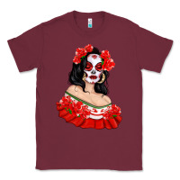 Burgundy Mexicana Skull Girl with Roses Classic Tee - texasbilliewilder