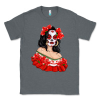 Charcoal Heather Mexicana Skull Girl with Roses Classic Tee - texasbilliewilder