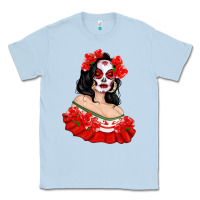 Dusty Blue Mexicana Skull Girl with Roses Classic Tee - texasbilliewilder