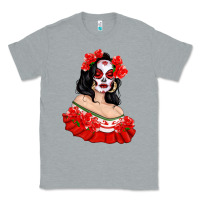 Heather Grey Mexicana Skull Girl with Roses Classic Tee - texasbilliewilder