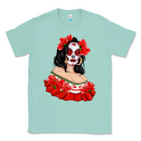 Seafoam Mexicana Skull Girl with Roses Classic Tee - texasbilliewilder