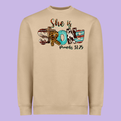 She Is Strong Proverbs 31 25 Heavyweight Sweatshirt Designed By Fadigitalartstudio
