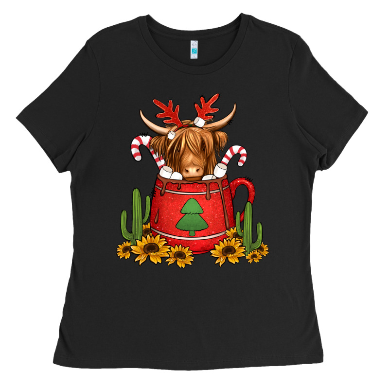 Hot Coco Christmas Highland Cow Ladies Tee by Jasminsmagicworld | Teevron