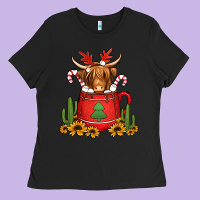 Hot Coco Christmas Highland Cow Ladies Tee Designed By Jasminsmagicworld