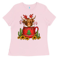 Bubblegum Pink hot coco christmas highland cow Ladies Tee - Jasminsmagicworld