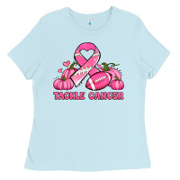 Baby Blue tackle cancer pumpkins football and ribbon breast cancer awareness Ladies Tee - Jasminsmagicworld
