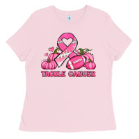 Bubblegum Pink tackle cancer pumpkins football and ribbon breast cancer awareness Ladies Tee - Jasminsmagicworld