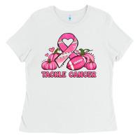 White tackle cancer pumpkins football and ribbon breast cancer awareness Ladies Tee - Jasminsmagicworld