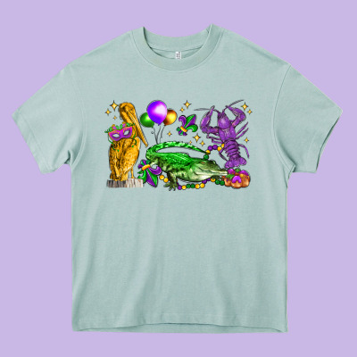 Mardi Gras Pelican Alligator And Crawfish Heavy Core Tee Designed By Lillyallendesigns