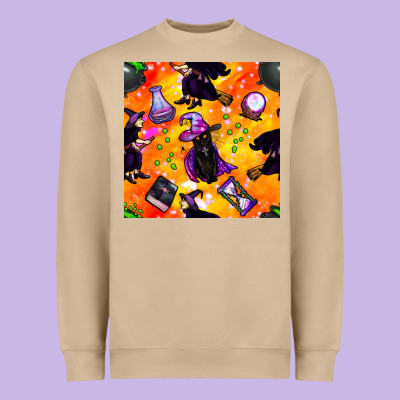 Halloween Cat And Witch Seamless Pattern Heavyweight Sweatshirt Designed By Bundleandbundleshop