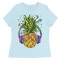 Baby Blue pineapple with headphone Ladies Tee - BarkalooDesign