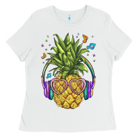 White pineapple with headphone Ladies Tee - BarkalooDesign