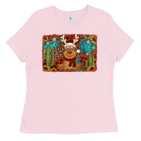 Bubblegum Pink western christmas reindeer with background Ladies Tee - Jasminsmagicworld