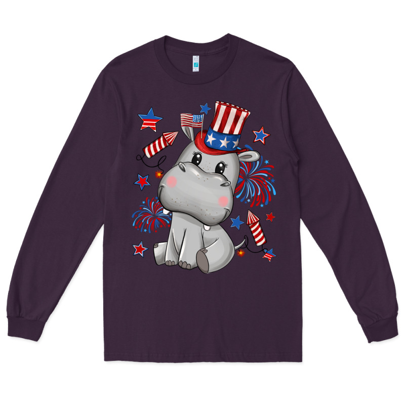Fourth Of July Hippopotamus Long Sleeve Tee by CowGirlArtShop | Teevron