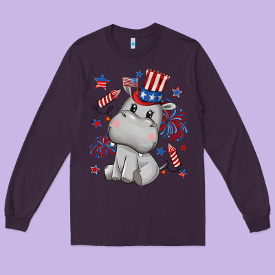 Fourth Of July Hippopotamus Long Sleeve Tee Designed By Cowgirlartshop