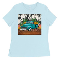 Baby Blue western farm truck cactus and sunflowers Ladies Tee - Jasminsmagicworld