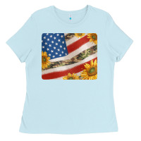 Baby Blue american flag sunflowers and canouflage print veteran mousepad Ladies Tee - Jasminsmagicworld