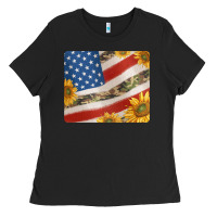 Black american flag sunflowers and canouflage print veteran mousepad Ladies Tee - Jasminsmagicworld