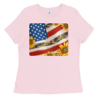 Bubblegum Pink american flag sunflowers and canouflage print veteran mousepad Ladies Tee - Jasminsmagicworld