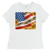 White american flag sunflowers and canouflage print veteran mousepad Ladies Tee - Jasminsmagicworld