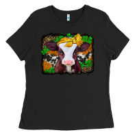 Black st patricks baby cow with leopard background Ladies Tee - Jasminsmagicworld