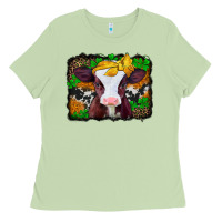 Matcha st patricks baby cow with leopard background Ladies Tee - Jasminsmagicworld