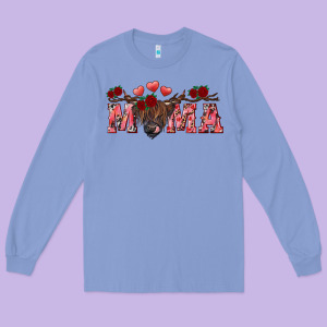 Valentine's Day Mama Black Highland Cow Long Sleeve Tee Designed By Ranaportraitstore