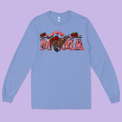 Valentine's Day Mama Black Highland Cow Long Sleeve Tee Designed By Ranaportraitstore