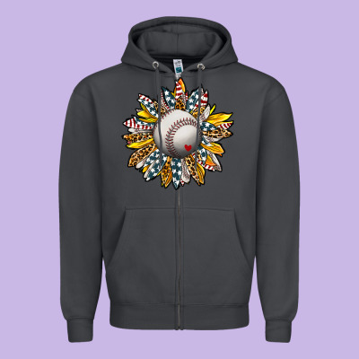 Baseball Sunflower Zipper Hoodie Designed By Cowhidedigitalart