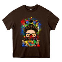 Chocolate Brown autism mom messy bun Heavy Core Tee - LillyAllenDesigns