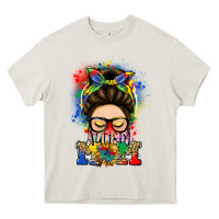 Cream autism mom messy bun Heavy Core Tee - LillyAllenDesigns