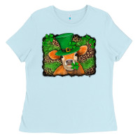 Baby Blue st patricks orange cow with leopard background Ladies Tee - Jasminsmagicworld