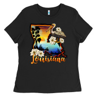 Black louisiana  sunset map magnolia Ladies Tee - BarkalooDesign
