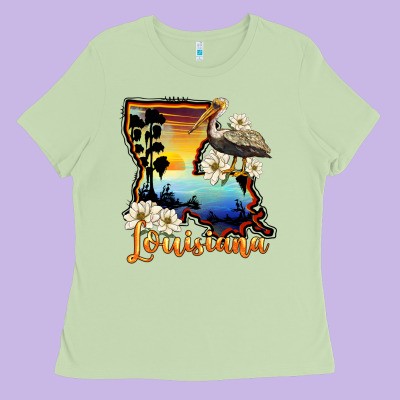 Louisiana  Sunset Map Magnolia Ladies Tee Designed By Barkaloodesign