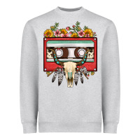 Heather Grey bull skull sunflower floral cassette Heavyweight Sweatshirt - FaDigitalArtStudio