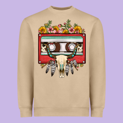 Bull Skull Sunflower Floral Cassette Heavyweight Sweatshirt Designed By Fadigitalartstudio