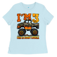 Baby Blue i'm three this is how i roll monster truck birthday Ladies Tee - Jasminsmagicworld
