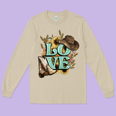 Love Boots Hat Western Cowboy Long Sleeve Tee Designed By Howdyjamesfarm