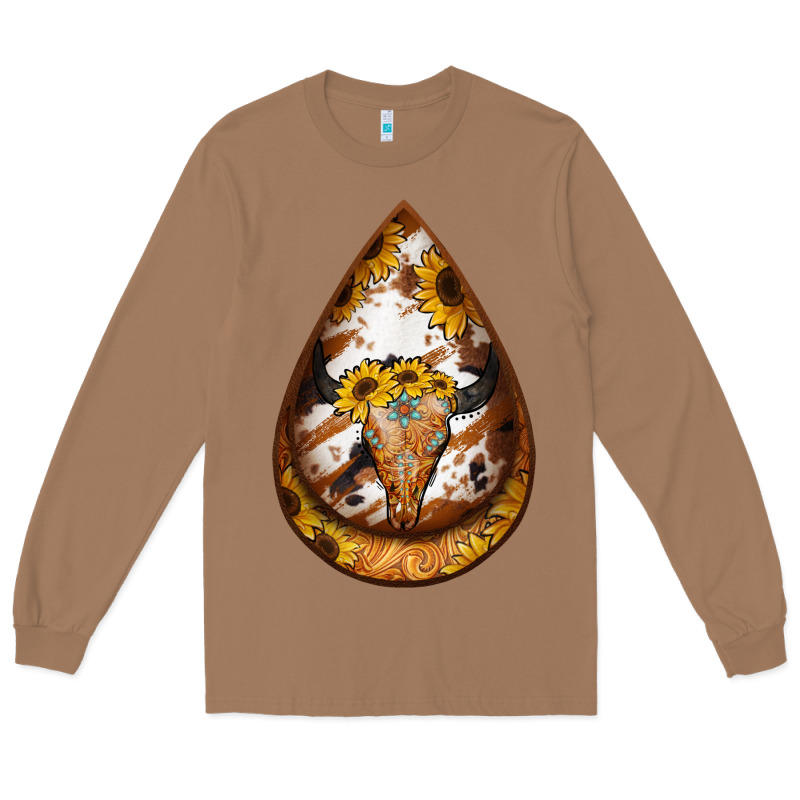 Sunflower Tooled Leather Bullskull Teardrop Earrings Long Sleeve Tee by Jasminsmagicworld | Teevron