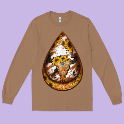 Sunflower Tooled Leather Bullskull Teardrop Earrings Long Sleeve Tee Designed By Jasminsmagicworld