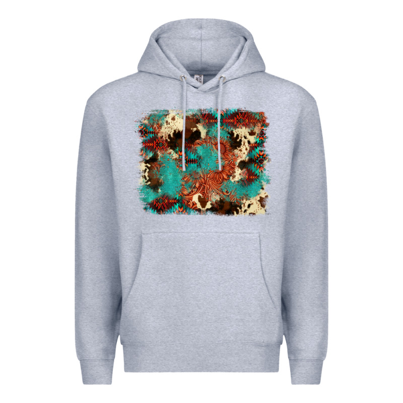 Aztec Turquoise Glitter Cowhide  Tooled Leather Ba Premium Hoodie by FaDigitalArtStudio | Teevron