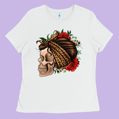 Leopard Bandana And Roses Skull Ladies Tee Designed By Jasminsmagicworld