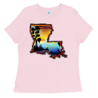 Bubblegum Pink louisiana  sunset map Ladies Tee - BarkalooDesign