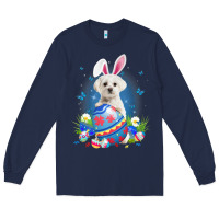 Navy Bunny Maltese With Egg Basket Easter Flower Hunting Egg Long Sleeve Tee - minhPixels