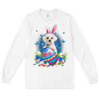 White Bunny Maltese With Egg Basket Easter Flower Hunting Egg Long Sleeve Tee - minhPixels